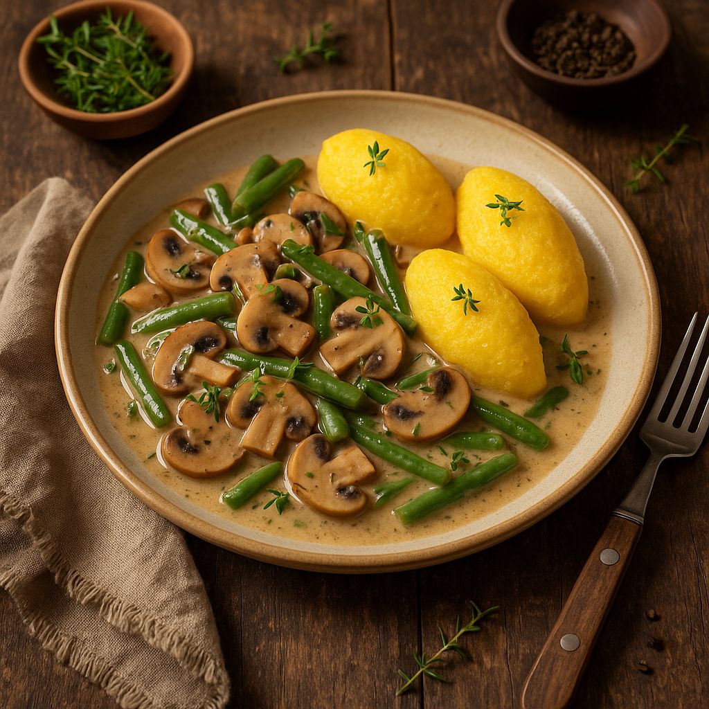 fisolen champignon ragout mit polenta nocken